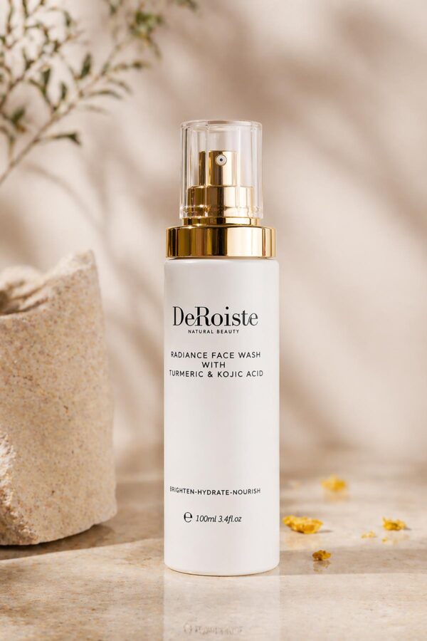 DeRoiste Radiance Face Wash 100ml flat lay — natural brightening cleanser safe in pregnancy