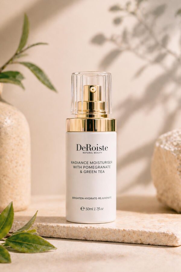 DeRoiste Radiance Moisturiser styled naturally — light creamy texture for face neck and décolletage