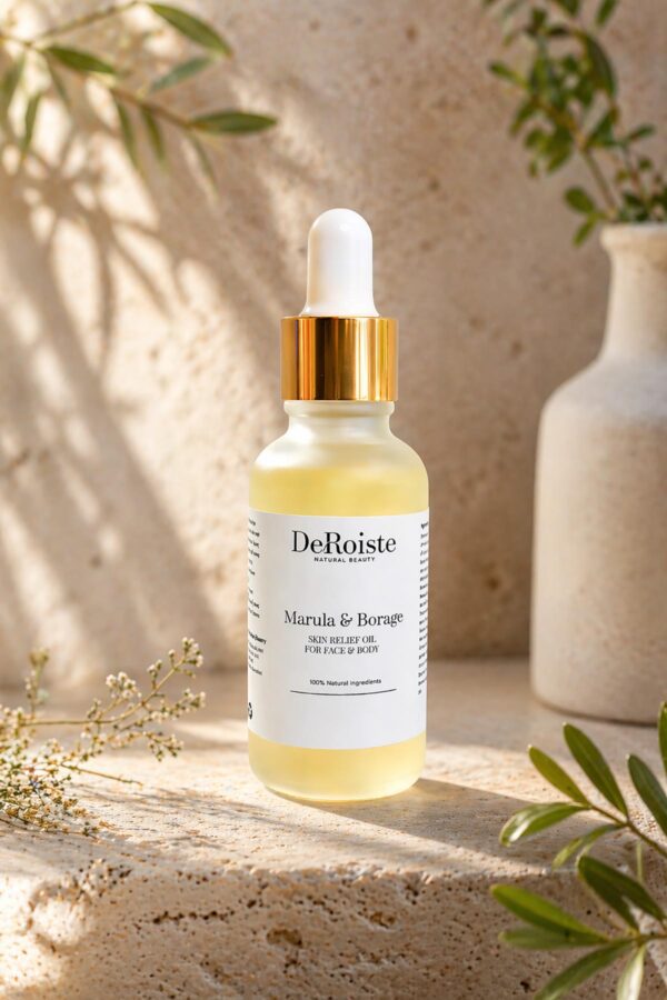 DeRoiste Marula and Borage Skin Relief Oil styled naturally — lightweight face and body oil for sensitive skin conditions
