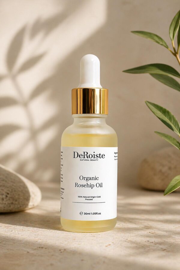 DeRoiste Organic Rosehip Oil 30ml styled naturally — anti-ageing face oil rich in vitamin A
