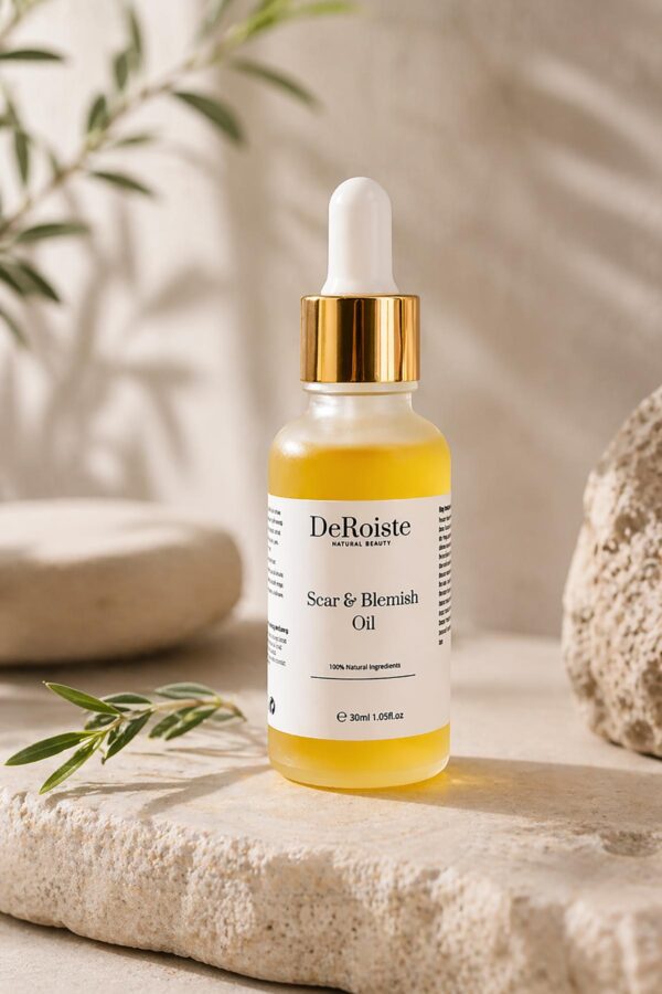DeRoiste Scar and Blemish Oil styled naturally — reduces scars, blemishes and inflammation