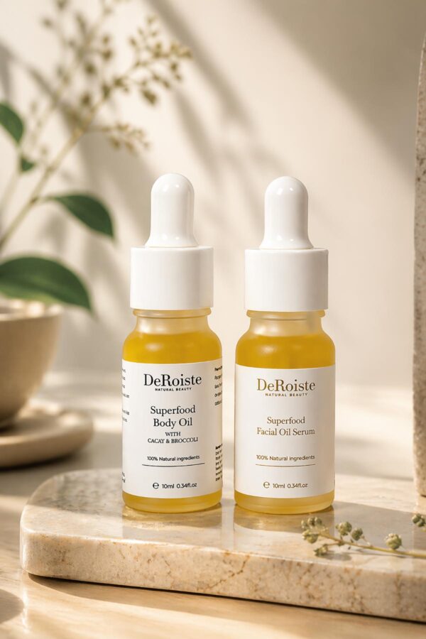 DeRoiste Superfood Glow Set styled as a gift — organic botanical face and body oil duo for all skin types
